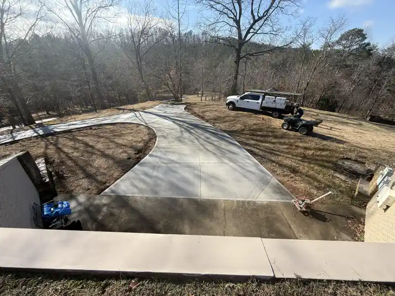 A concrete driveway curving between mature trees on a residential lot.