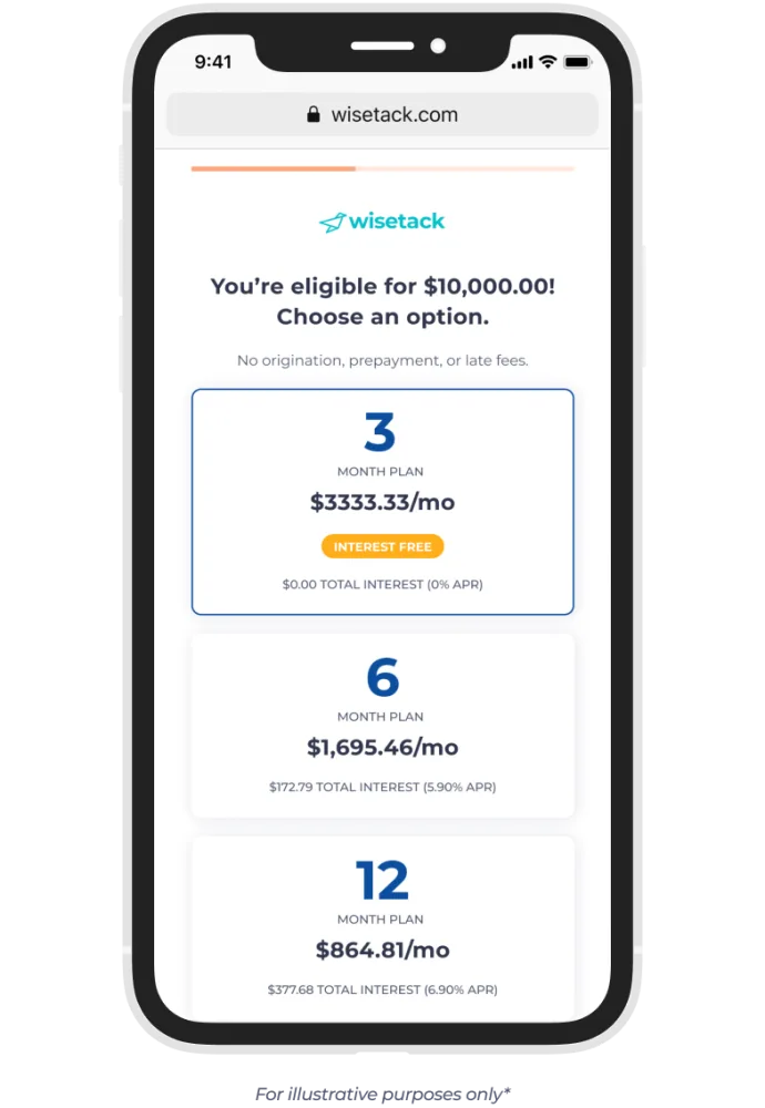 Example Wisetack monthly payment options on a phone